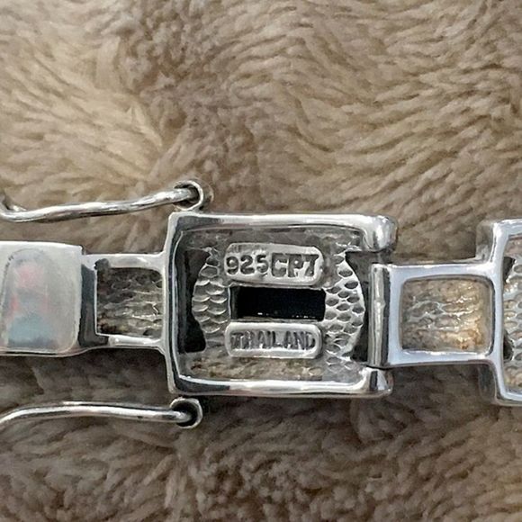 Art Deco Onyx Marcasite Malachite Sterling Silver Bracelet - Picture 11 of 13